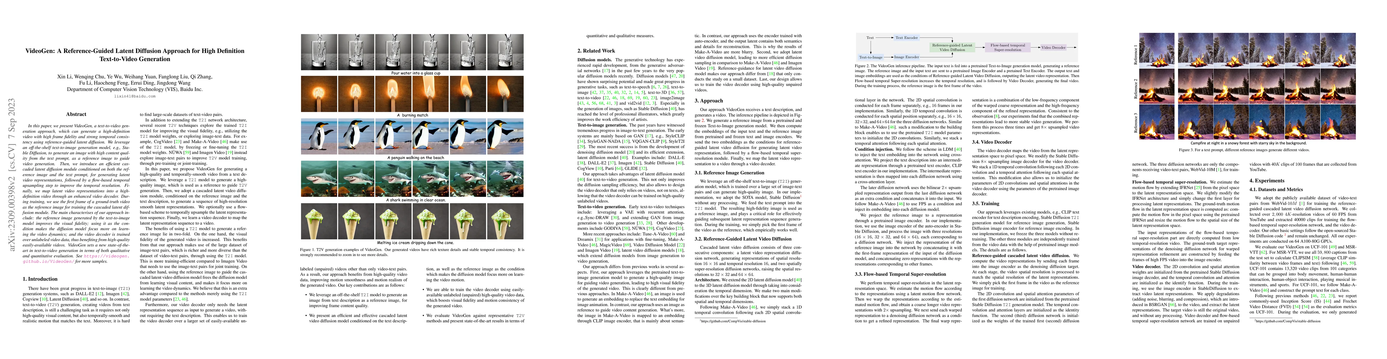 Thumbnail for VideoGen: A Reference-Guided Latent Diffusion Approach for High
  Definition Text-to-Video Generation