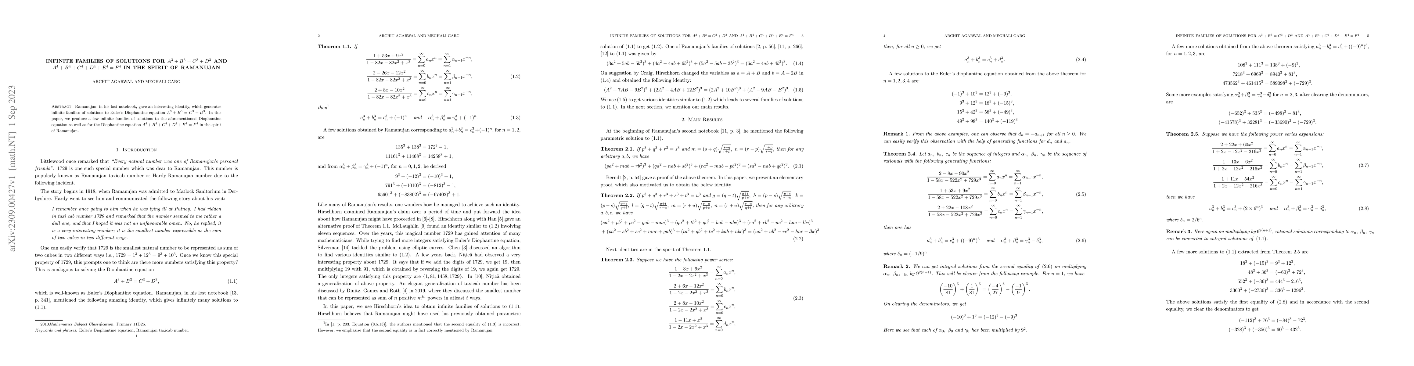 Thumbnail for Infinite families of solutions for $A^3 + B^3 = C^3 + D^3$ and $A^4 +
  B^4 + C^4 + D^4 + E^4 = F^4$