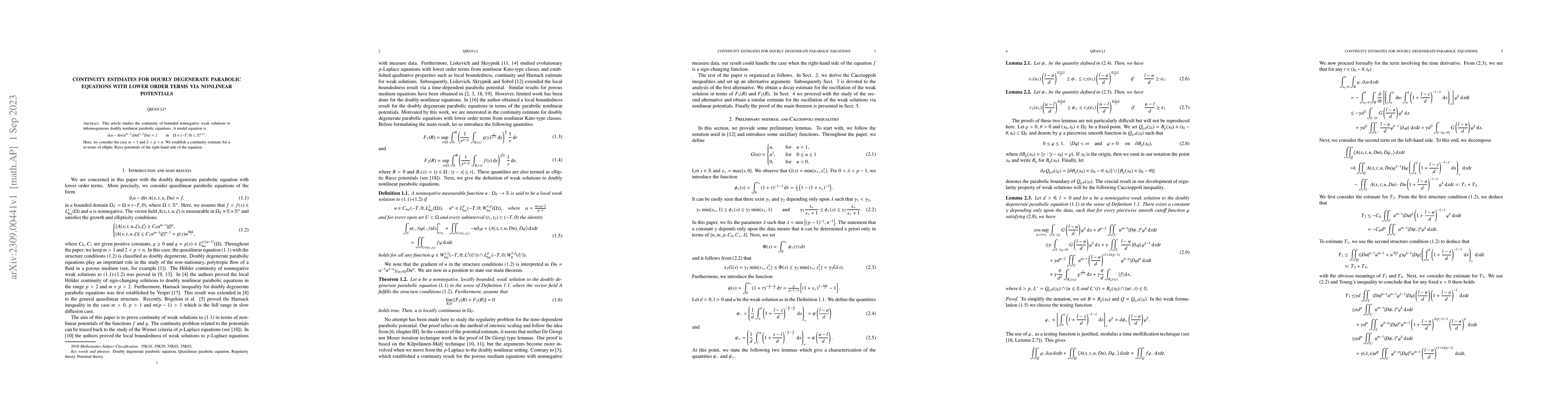 Thumbnail for Continuity estimates for doubly degenerate parabolic equations with
  lower order terms via nonlinear potentials