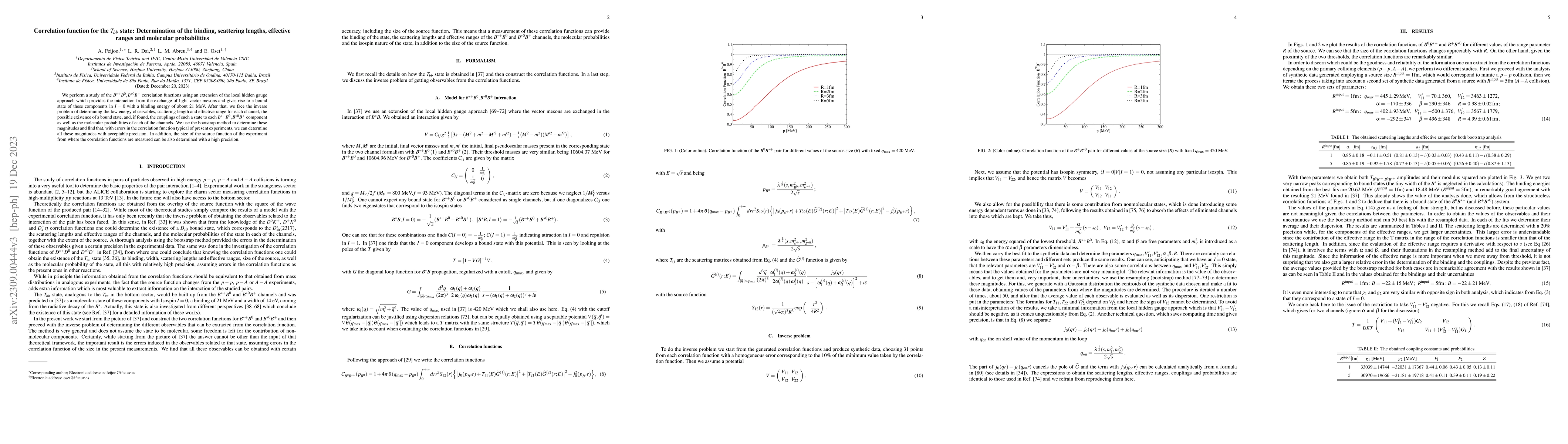Thumbnail for Correlation function for the $T_{bb}$ state: Determination of the
  binding, scattering lengths, effective ranges and molecular probabilities