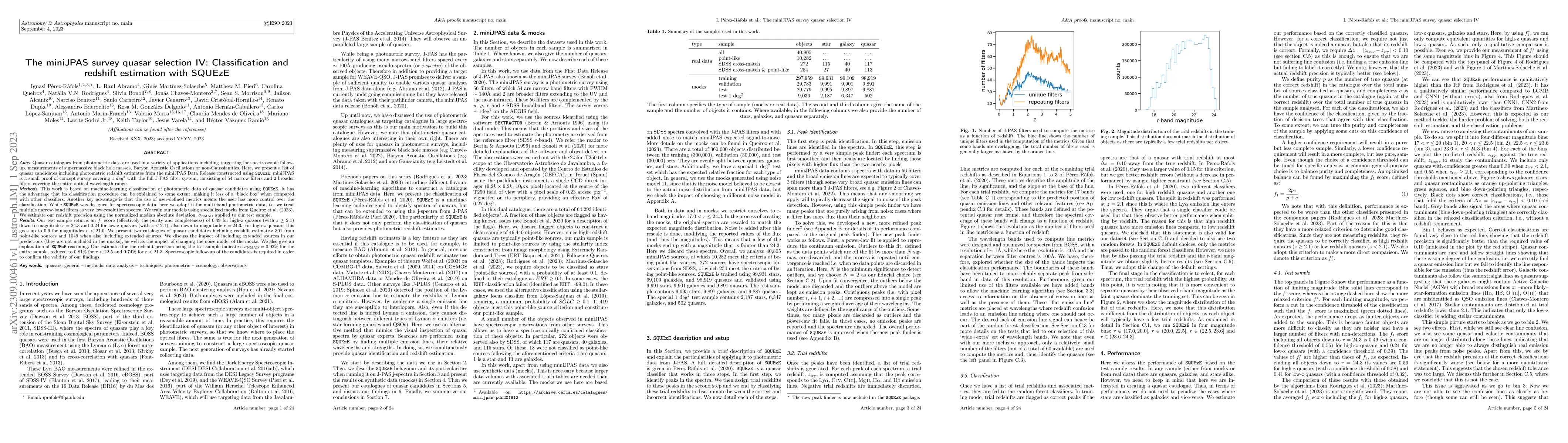 Thumbnail for The miniJPAS survey quasar selection IV: Classification and redshift
  estimation with SQUEzE