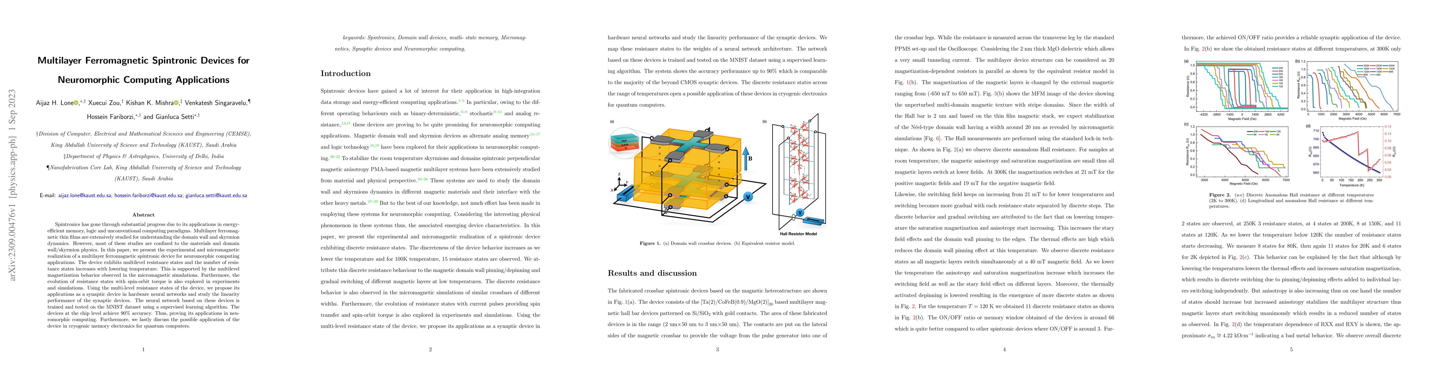 Thumbnail for Multilayer Ferromagnetic Spintronic Devices for Neuromorphic Computing
  Applications