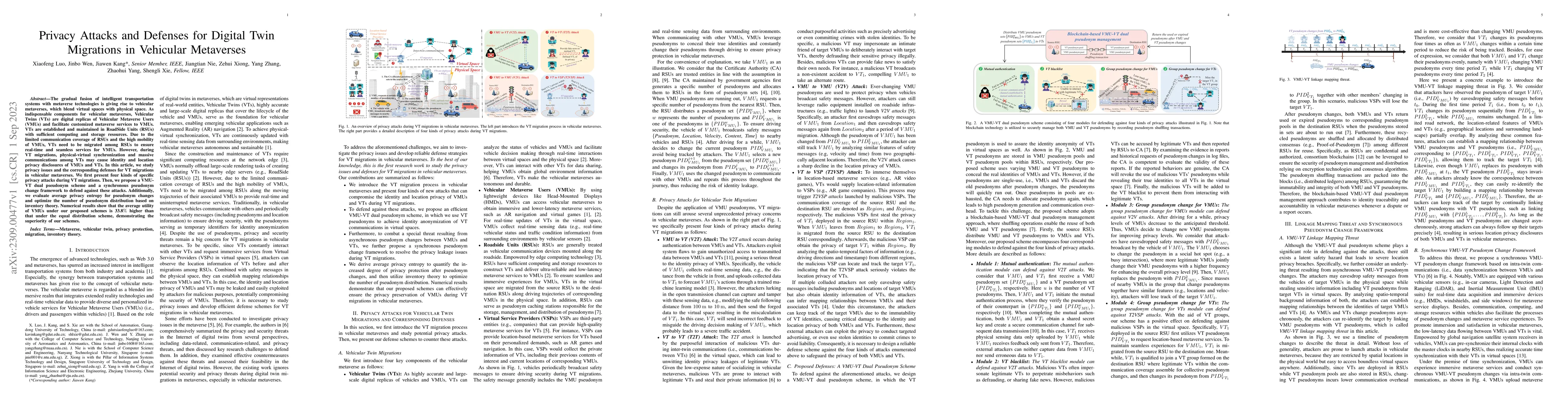Thumbnail for Privacy Attacks and Defenses for Digital Twin Migrations in Vehicular
  Metaverses