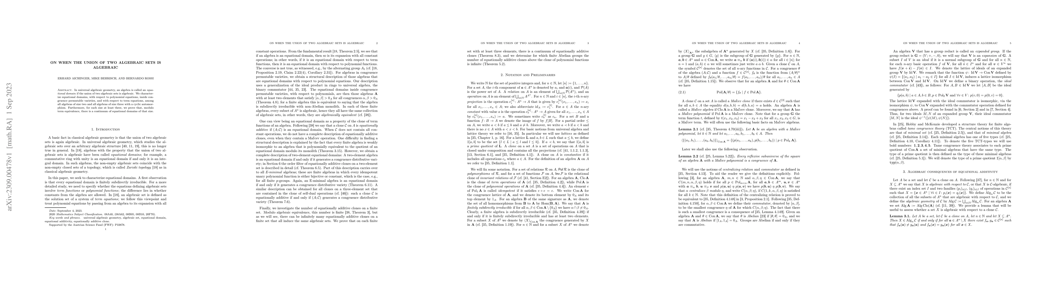 Thumbnail for On when the union of two algebraic sets is algebraic