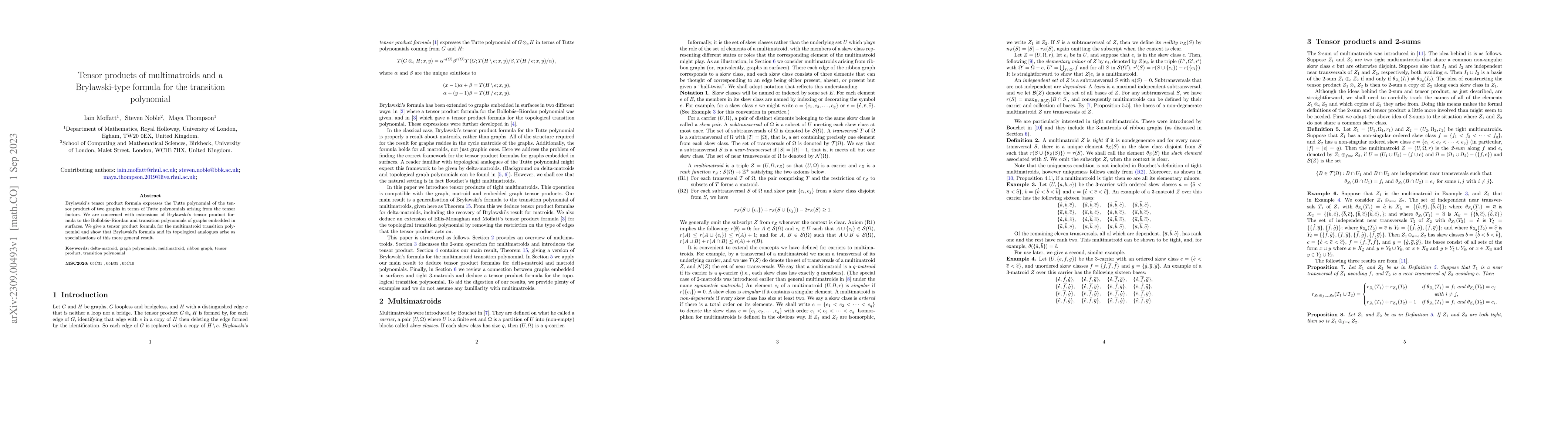 Thumbnail for Tensor products of multimatroids and a Brylawski-type formula for the
  transition polynomial