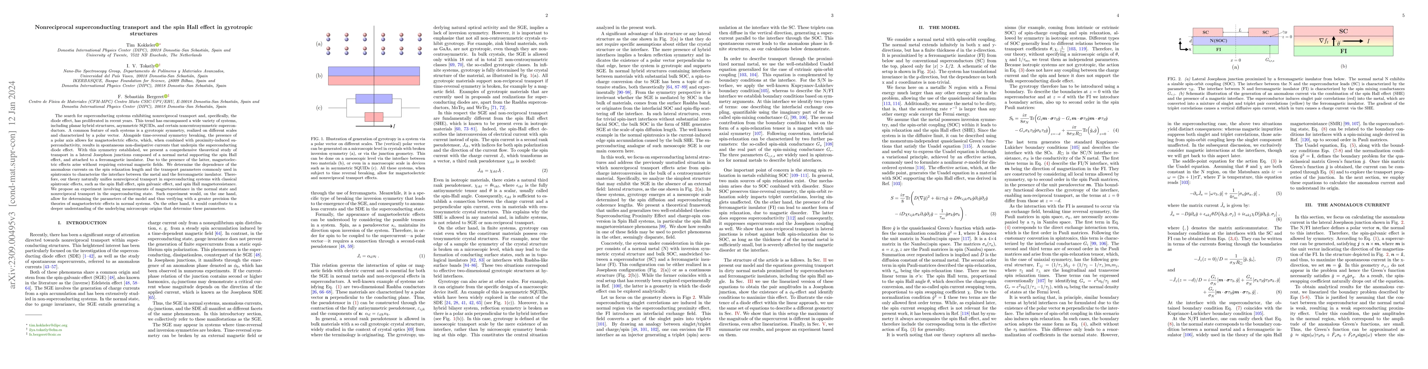 Thumbnail for Nonreciprocal superconducting transport and the spin Hall effect in
  gyrotropic structures