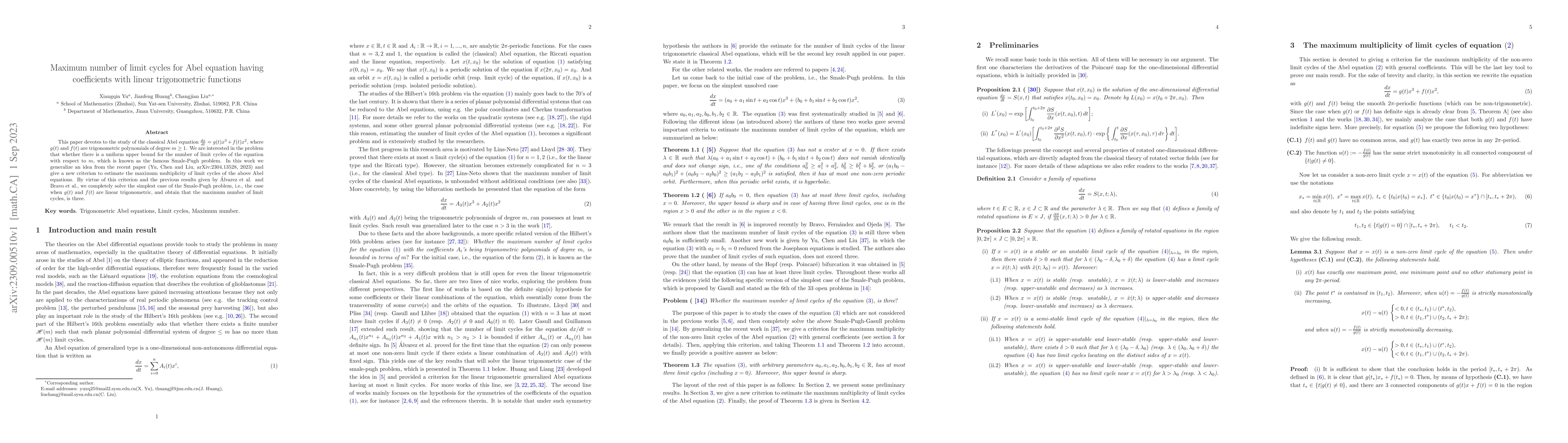 Thumbnail for Maximum number of limit cycles for Abel equation having coefficients
  with linear trigonometric functions