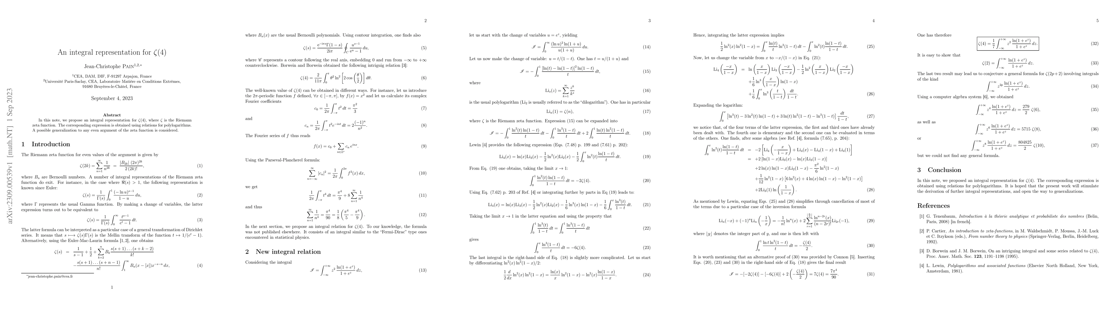 Thumbnail for An integral representation for $\zeta(4)$