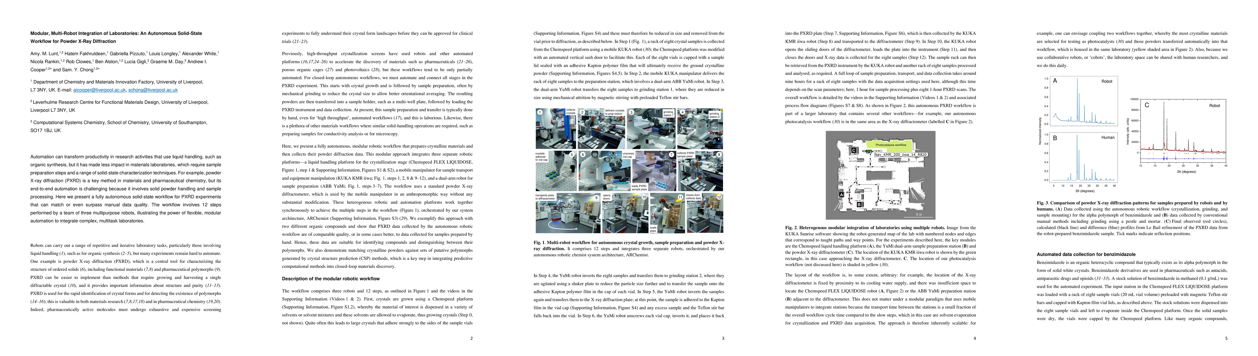 Thumbnail for Modular, Multi-Robot Integration of Laboratories: An Autonomous
  Solid-State Workflow for Powder X-Ray Diffraction