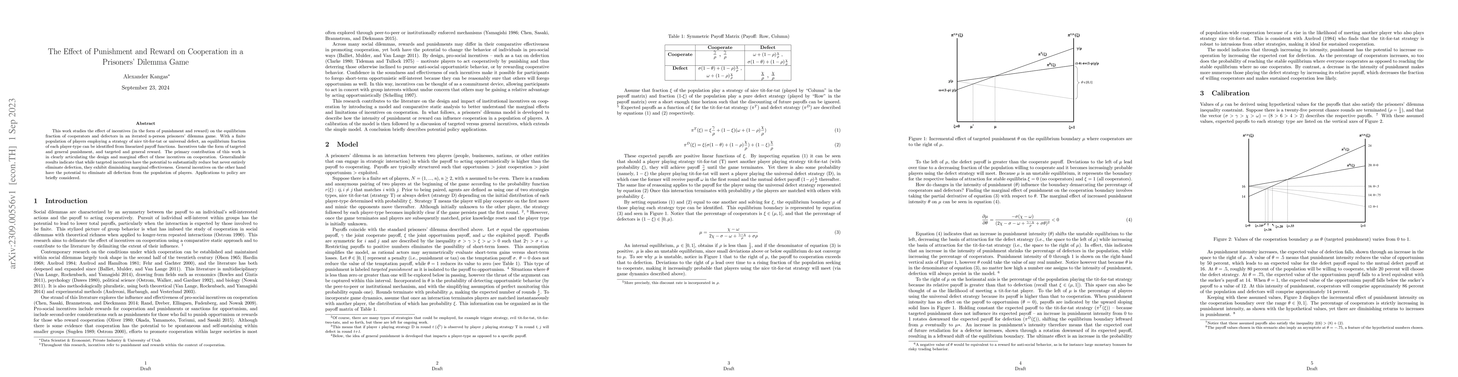 Thumbnail for The Effect of Punishment and Reward on Cooperation in a Prisoners'
  Dilemma Game