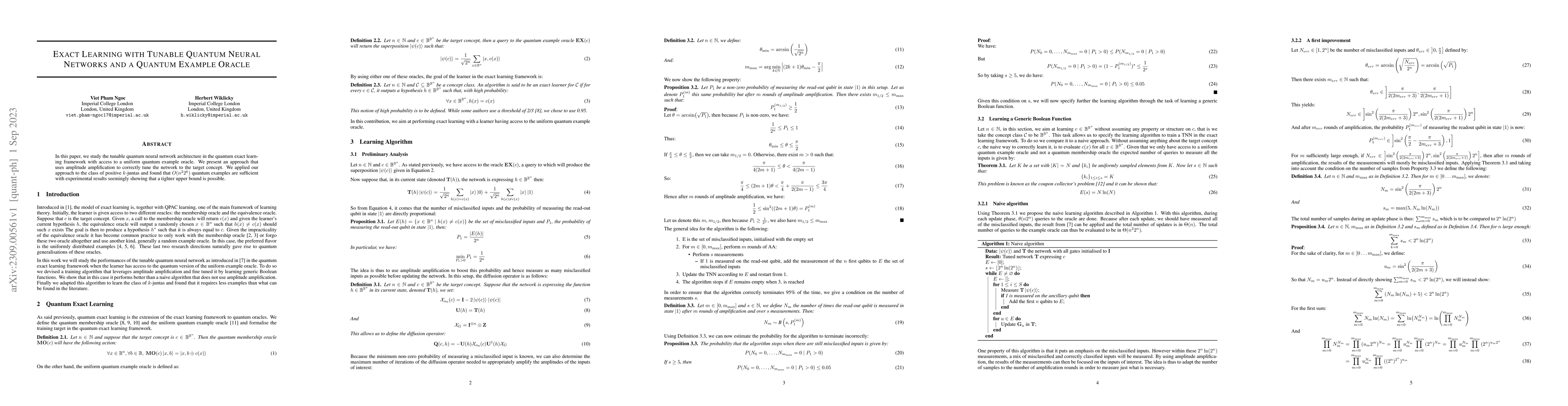 Thumbnail for Exact Learning with Tunable Quantum Neural Networks and a Quantum
  Example Oracle