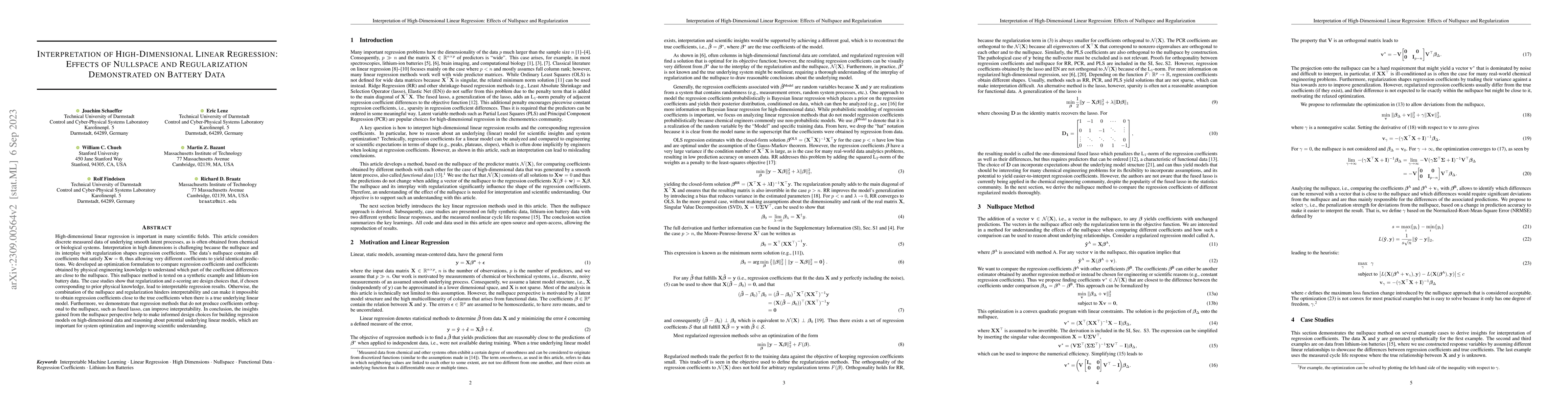 Thumbnail for Interpretation of High-Dimensional Linear Regression: Effects of
  Nullspace and Regularization Demonstrated on Battery Data