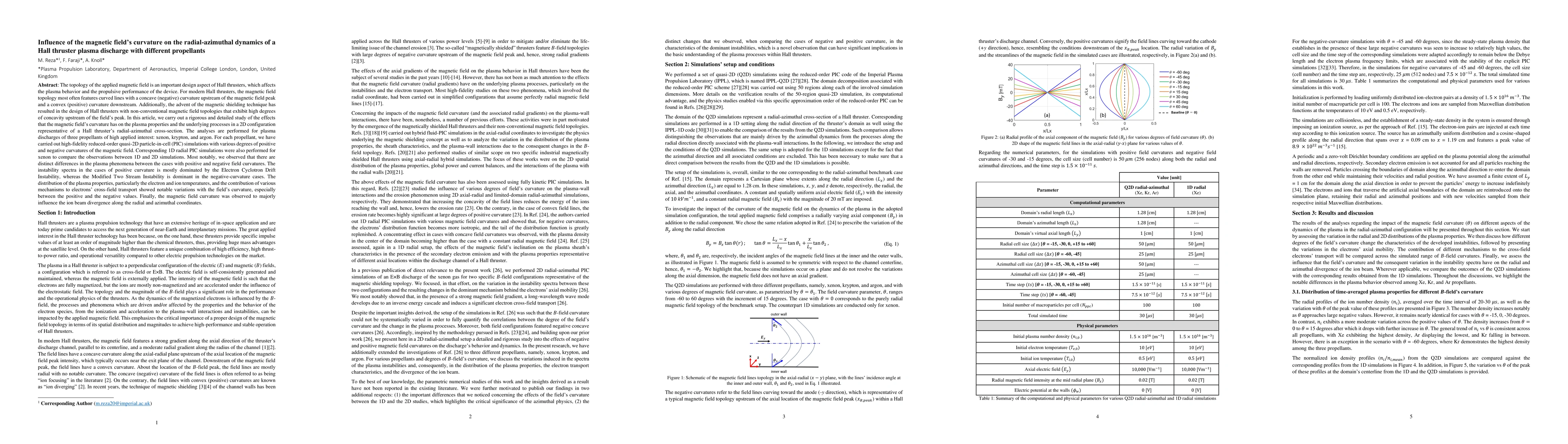 Thumbnail for Influence of the magnetic field's curvature on the radial-azimuthal
  dynamics of a Hall thruster plasma discharge with different propellants
