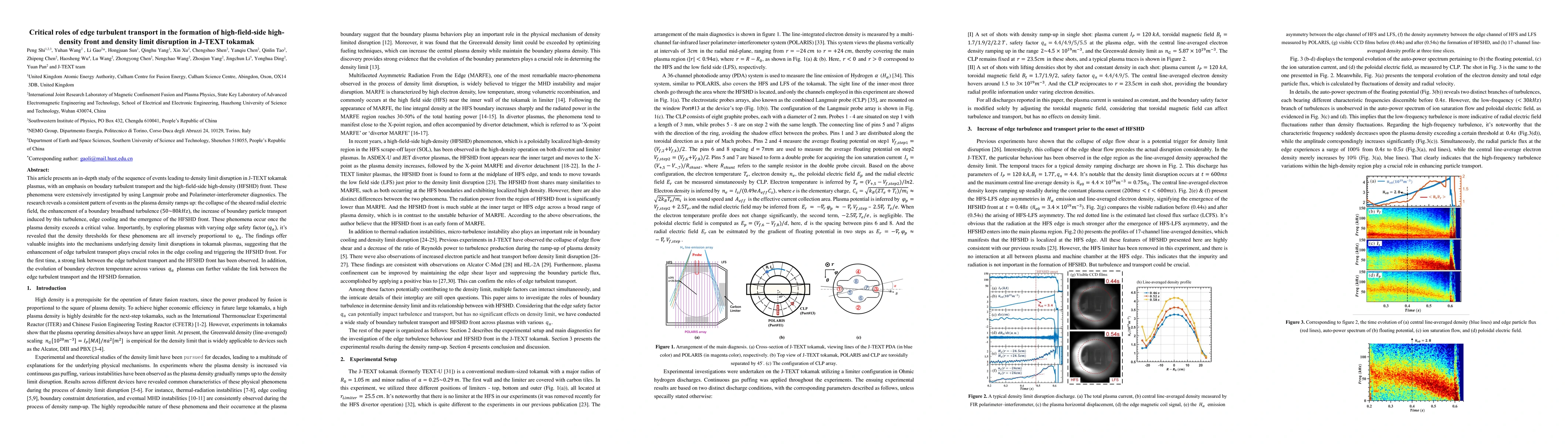Thumbnail for Critical roles of edge turbulent transport in the formation of
  high-field-side high-density front and density limit disruption in J-TEXT
  tokamak