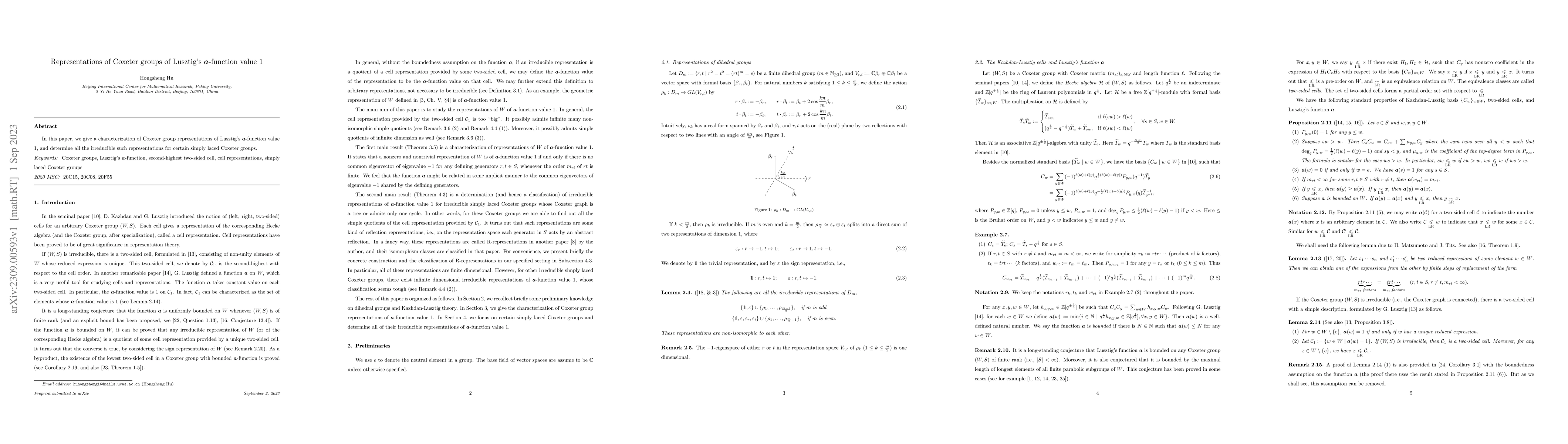 Thumbnail for Representations of Coxeter groups of Lusztig's a-function value 1