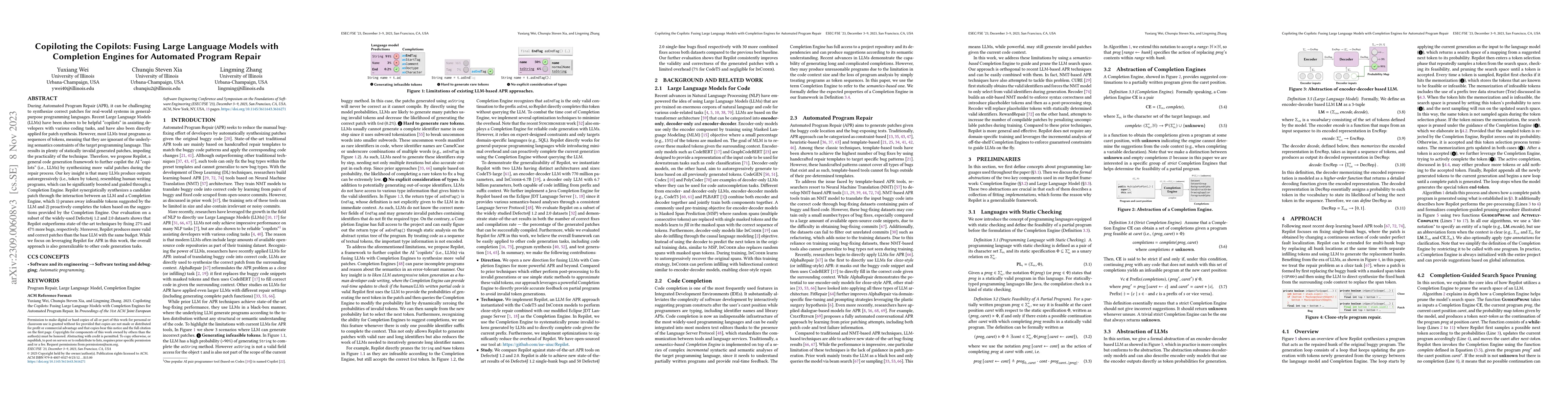 Thumbnail for Copiloting the Copilots: Fusing Large Language Models with Completion
  Engines for Automated Program Repair
