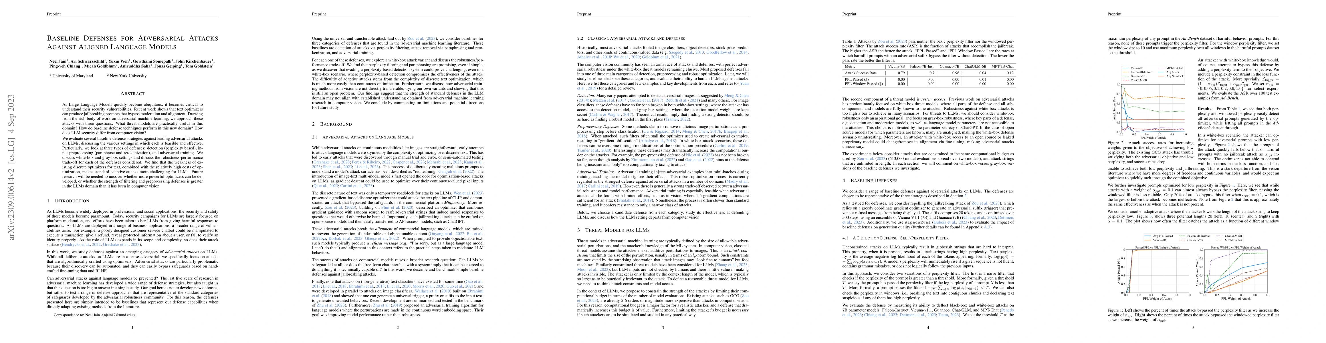 Thumbnail for Baseline Defenses for Adversarial Attacks Against Aligned Language
  Models
