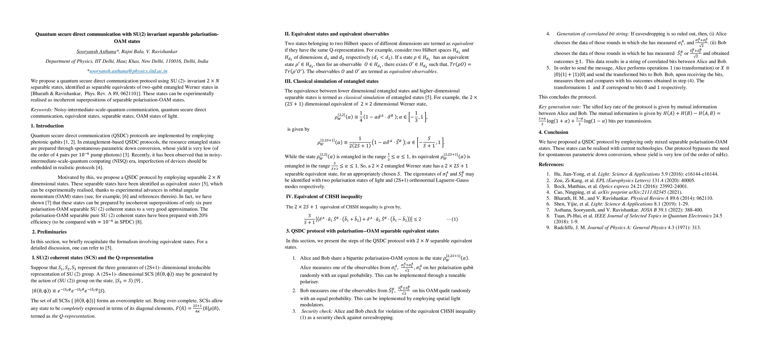 Thumbnail for Quantum secure direct communication with SU(2) invariant separable
  polarisation- OAM states