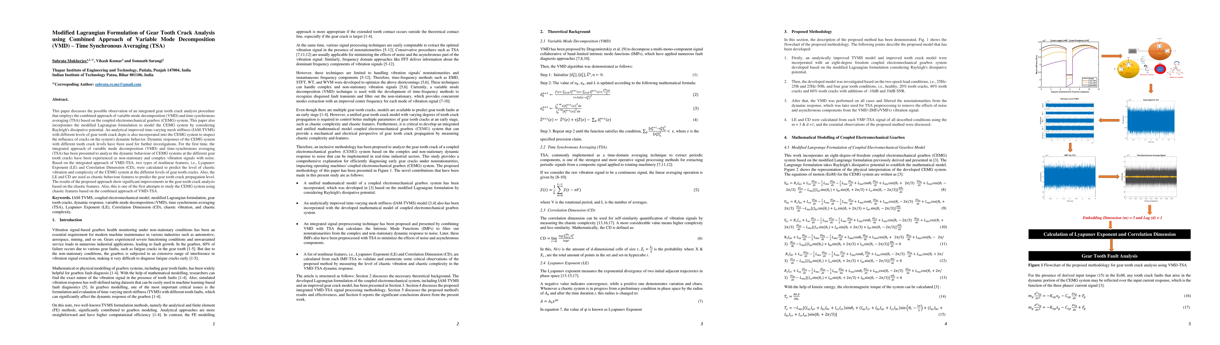 Thumbnail for Modified Lagrangian Formulation of Gear Tooth Crack Analysis using
  Combined Approach of Variable Mode Decomposition (VMD) and Time Synchronous
  Averaging (TSA)