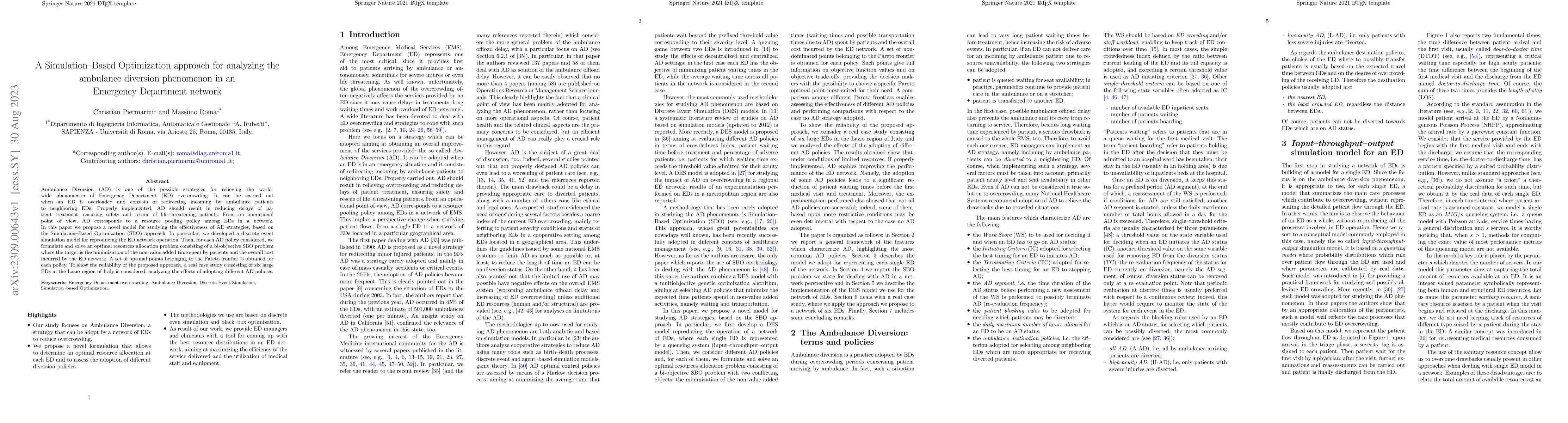 Thumbnail for A Simulation--Based Optimization approach for analyzing the ambulance
  diversion phenomenon in an Emergency-Department network