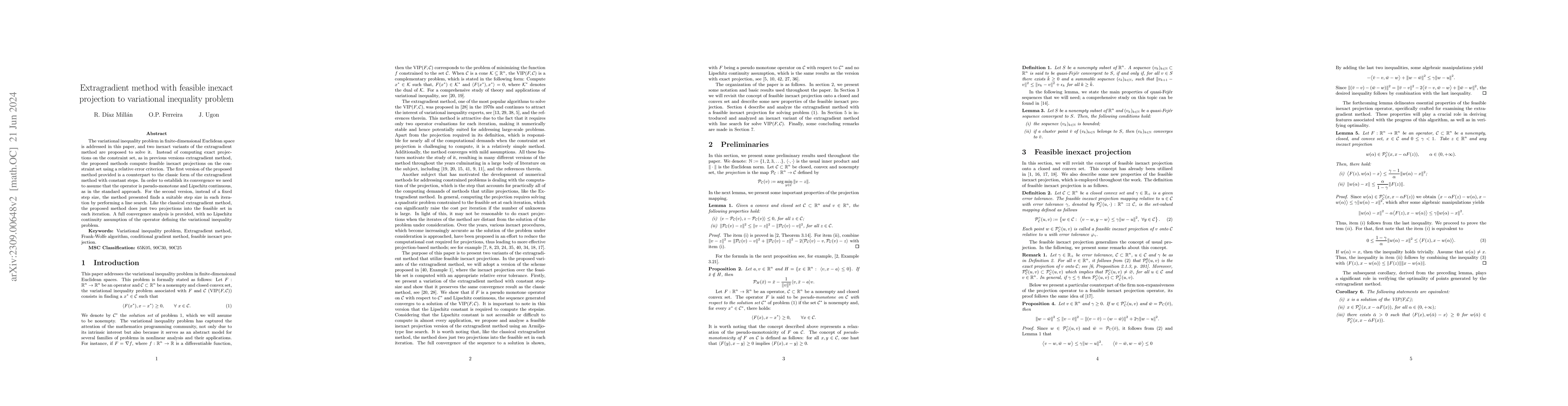 Thumbnail for Extragradient method with feasible inexact projection to variational
  inequality problem