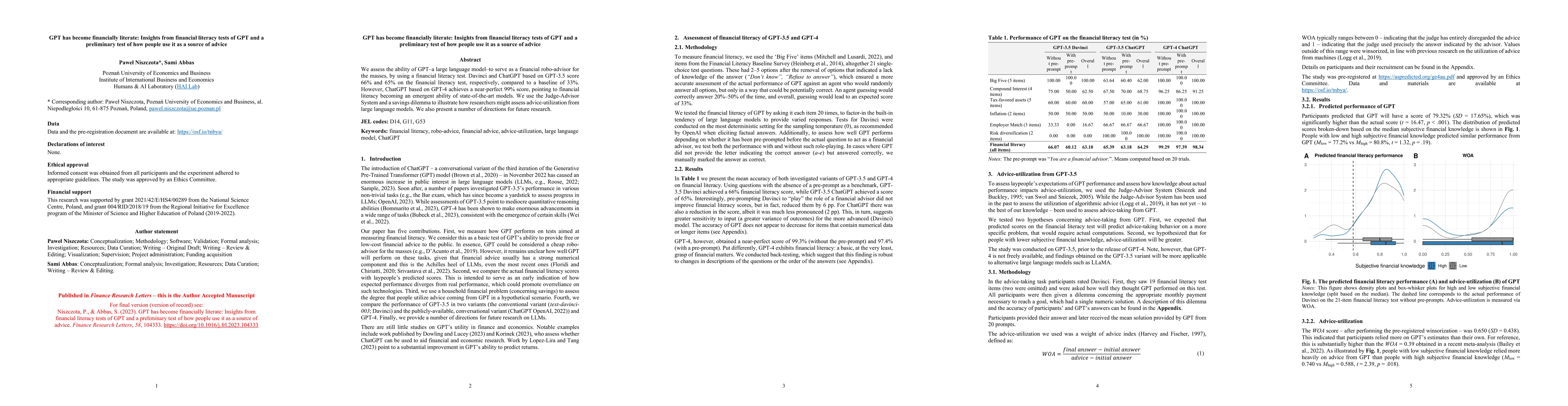 Thumbnail for GPT has become financially literate: Insights from financial literacy
  tests of GPT and a preliminary test of how people use it as a source of
  advice