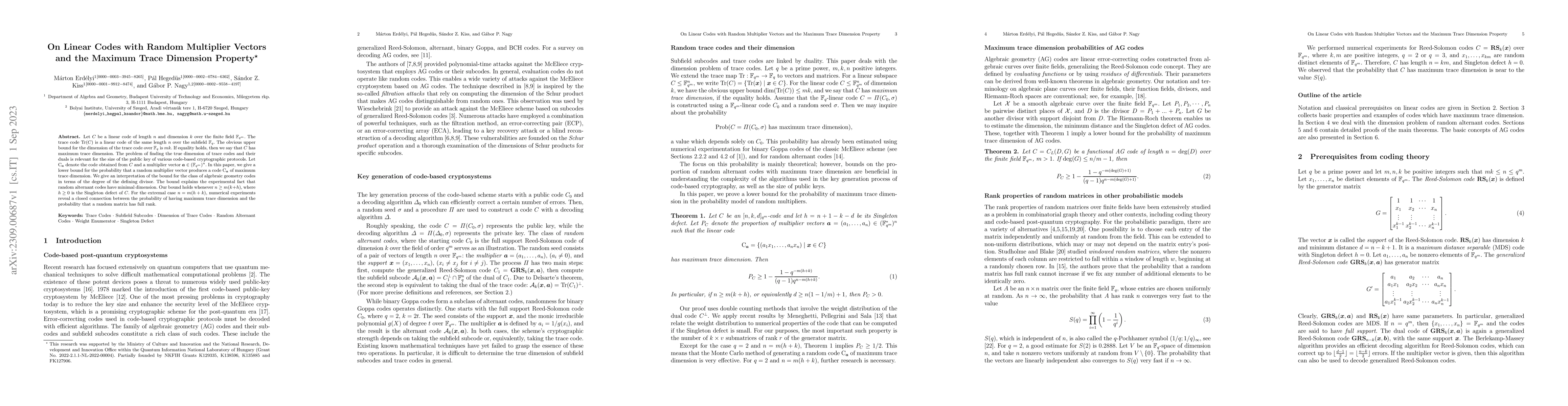 Thumbnail for On Linear Codes with Random Multiplier Vectors and the Maximum Trace
  Dimension Property