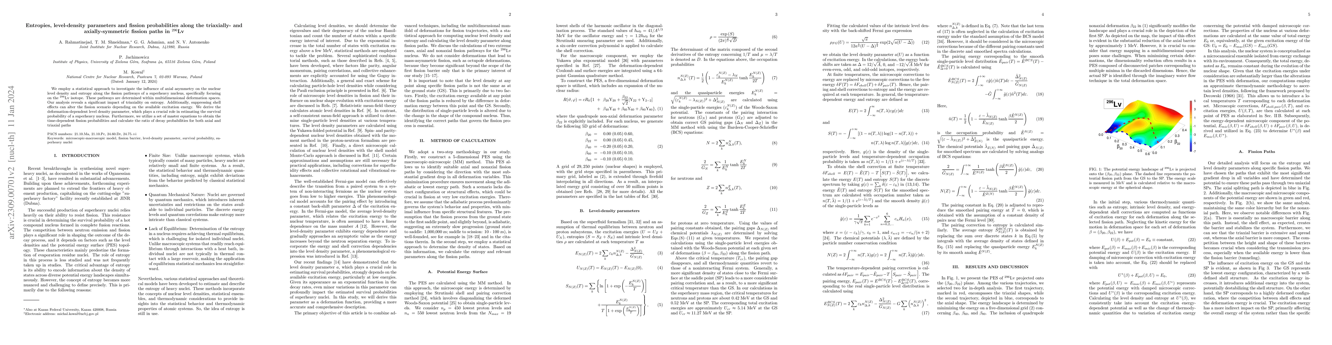 Thumbnail for Entropies, level-density parameters, and fission probabilities along the
  triaxially- and axially-symmetric fission paths in $^{296}$Lv