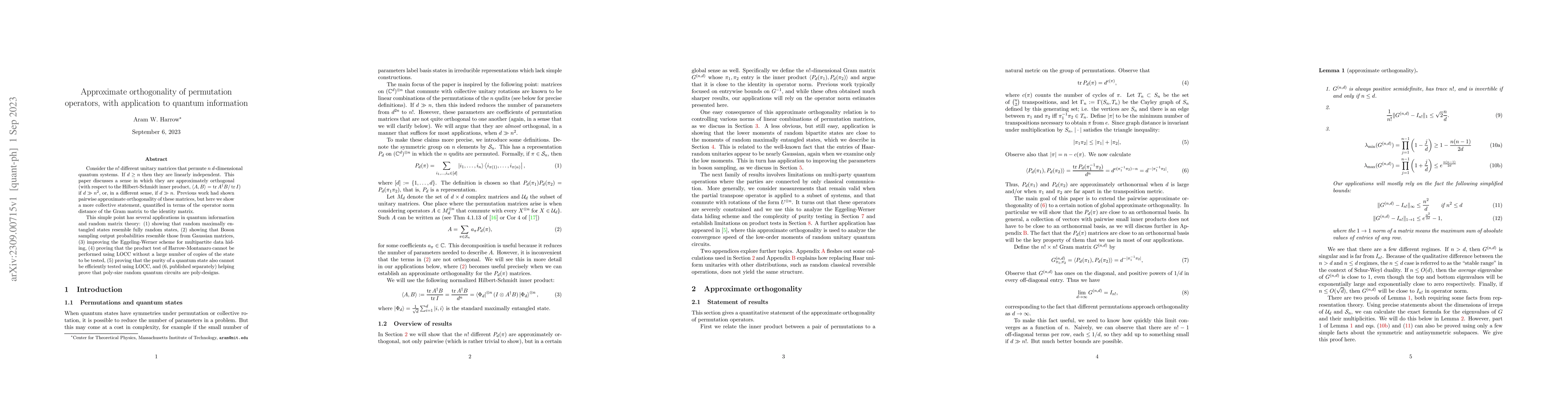 Thumbnail for Approximate orthogonality of permutation operators, with application to
  quantum information