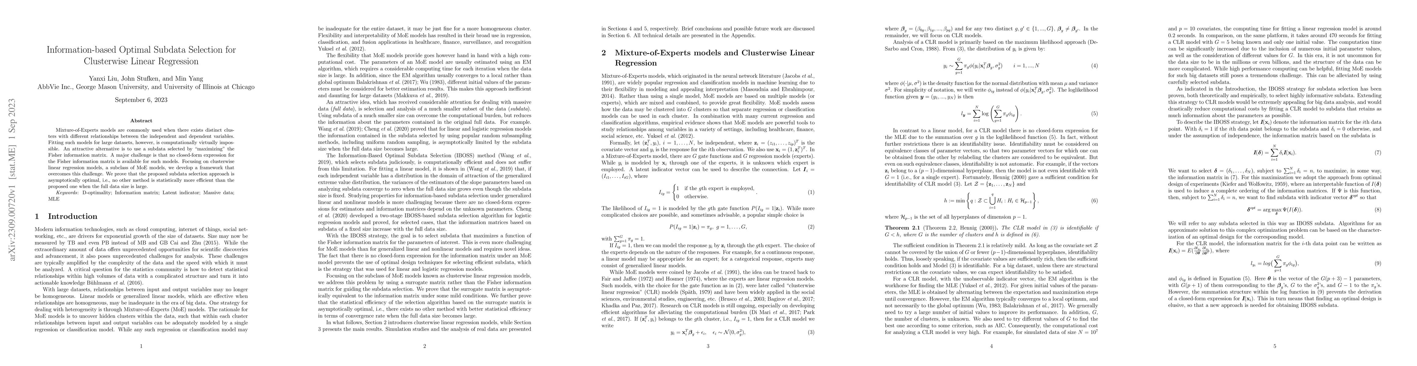 Thumbnail for Information-based Optimal Subdata Selection for Clusterwise Linear
  Regression