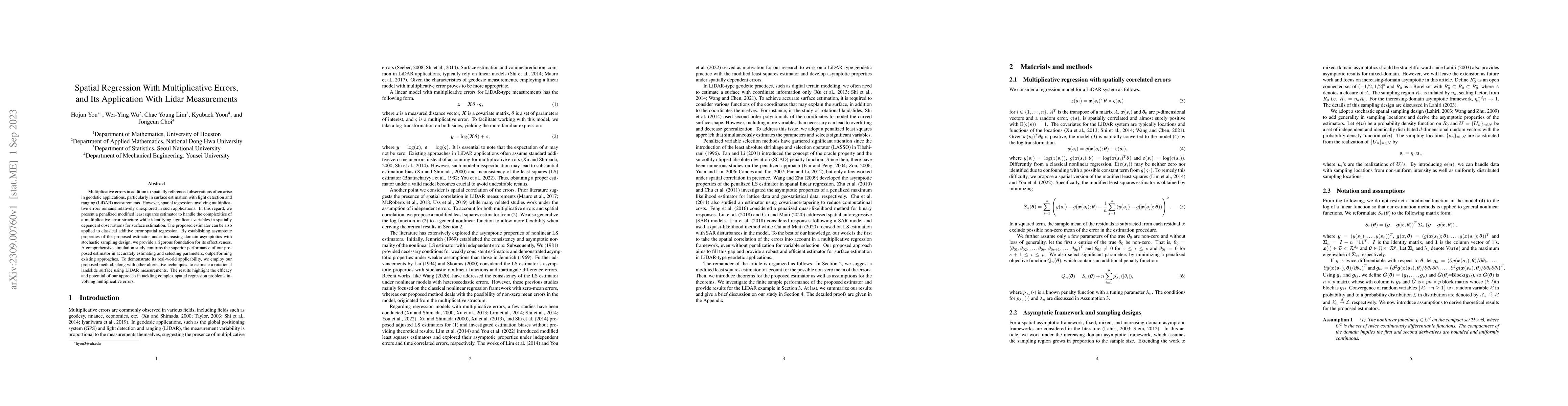 Thumbnail for Spatial Regression With Multiplicative Errors, and Its Application With
  Lidar Measurements