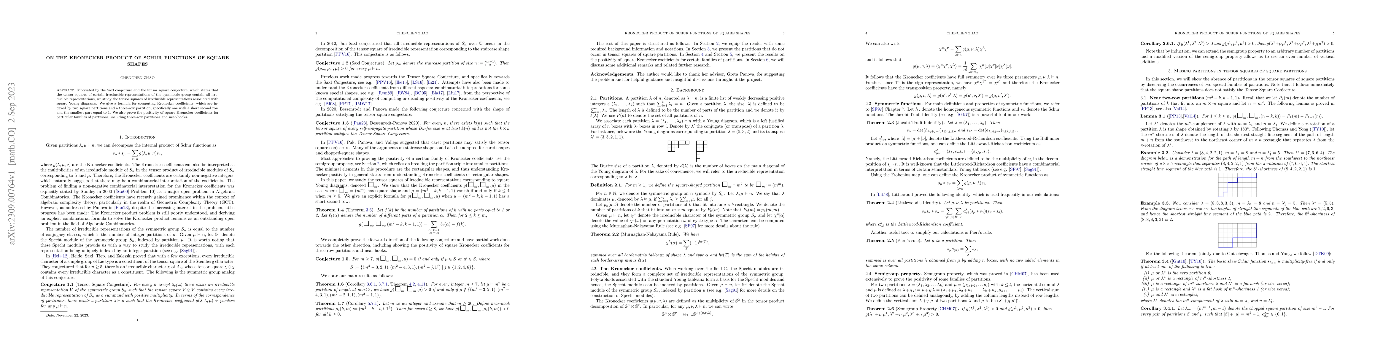 Thumbnail for On the Kronecker product of Schur functions of square shapes