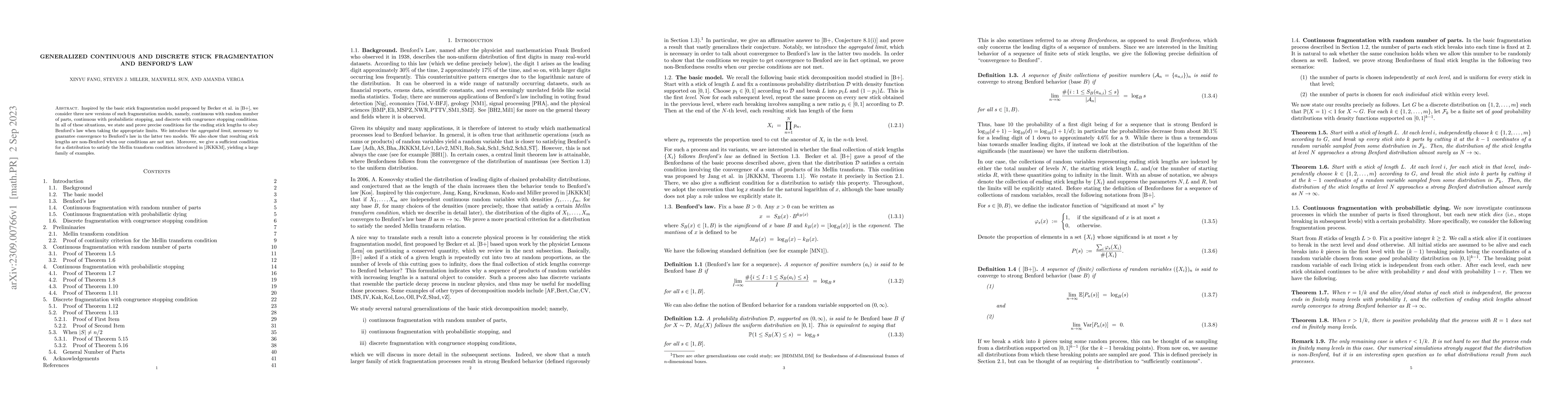 Thumbnail for Generalized Continuous and Discrete Stick Fragmentation and Benford's
  Law