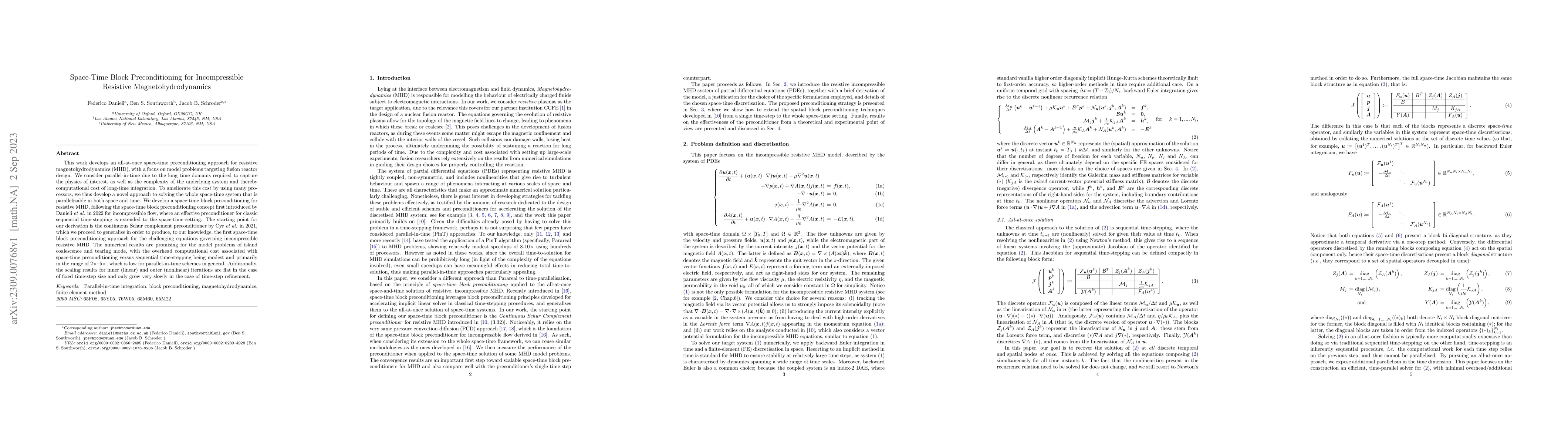Thumbnail for Space-Time Block Preconditioning for Incompressible Resistive
  Magnetohydrodynamics