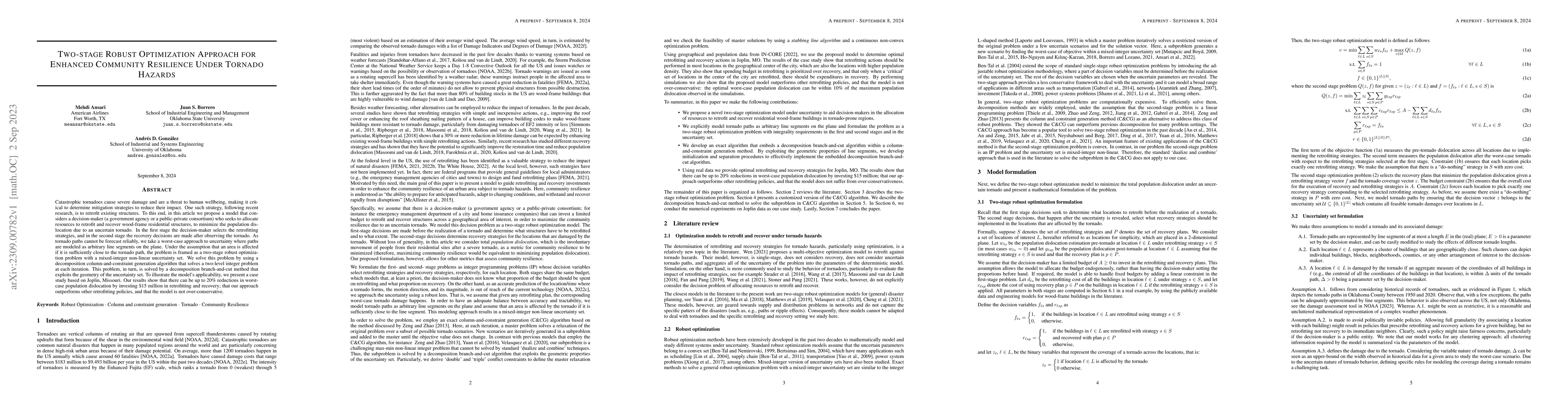 Thumbnail for Two-stage Robust Optimization Approach for Enhanced Community Resilience
  Under Tornado Hazards