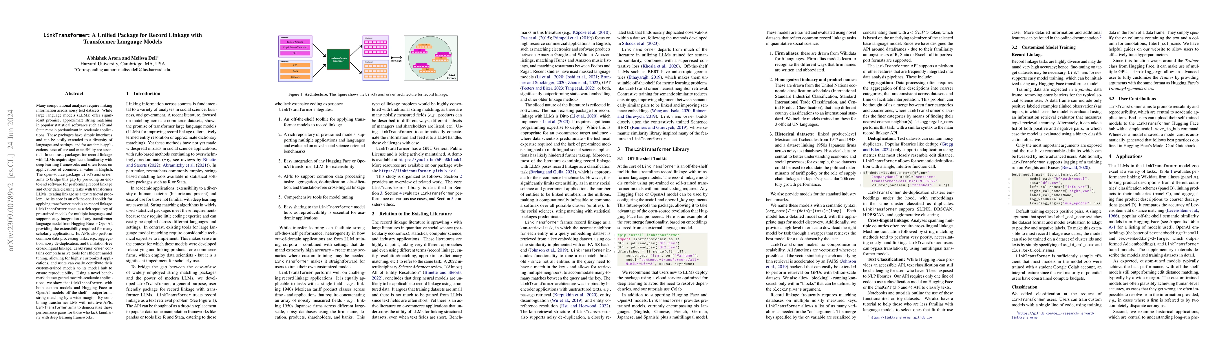 Thumbnail for LinkTransformer: A Unified Package for Record Linkage with Transformer
  Language Models