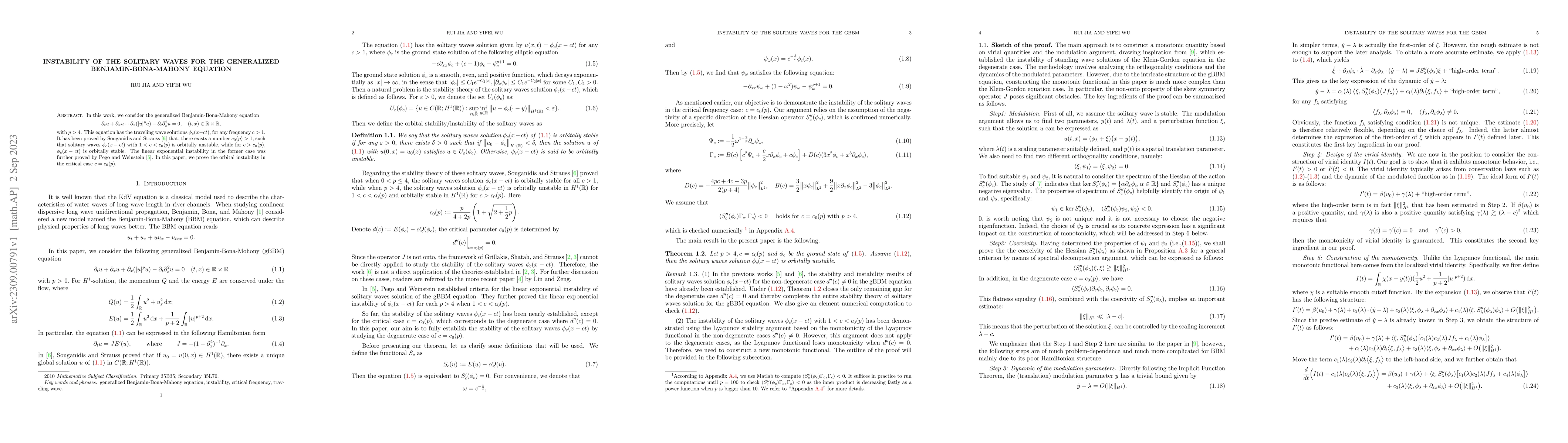 Thumbnail for Instability of the solitary waves for the Generalized
  Benjamin-Bona-Mahony Equation