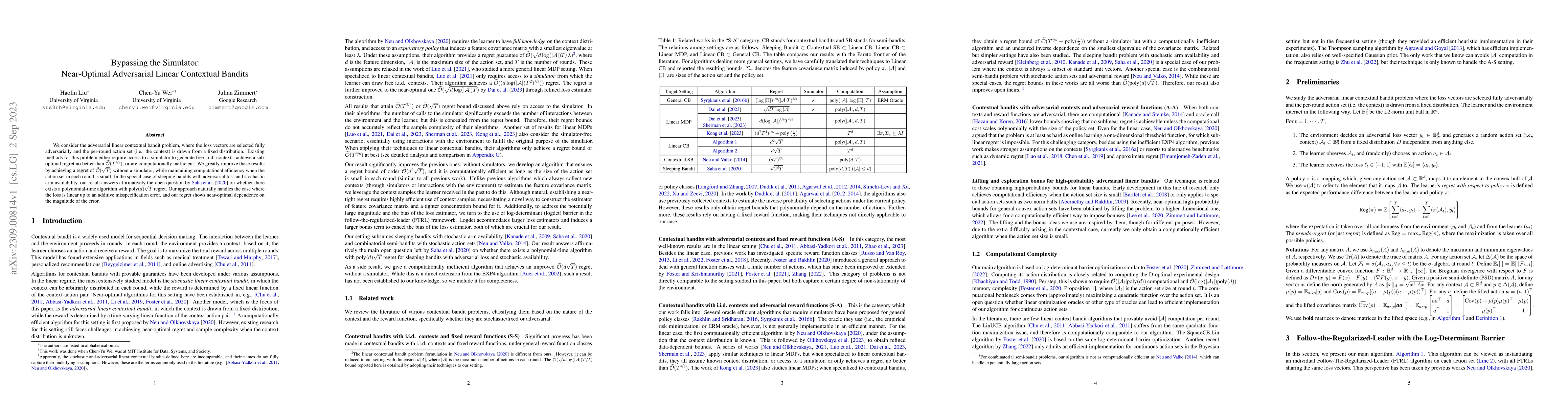 Thumbnail for Bypassing the Simulator: Near-Optimal Adversarial Linear Contextual
  Bandits