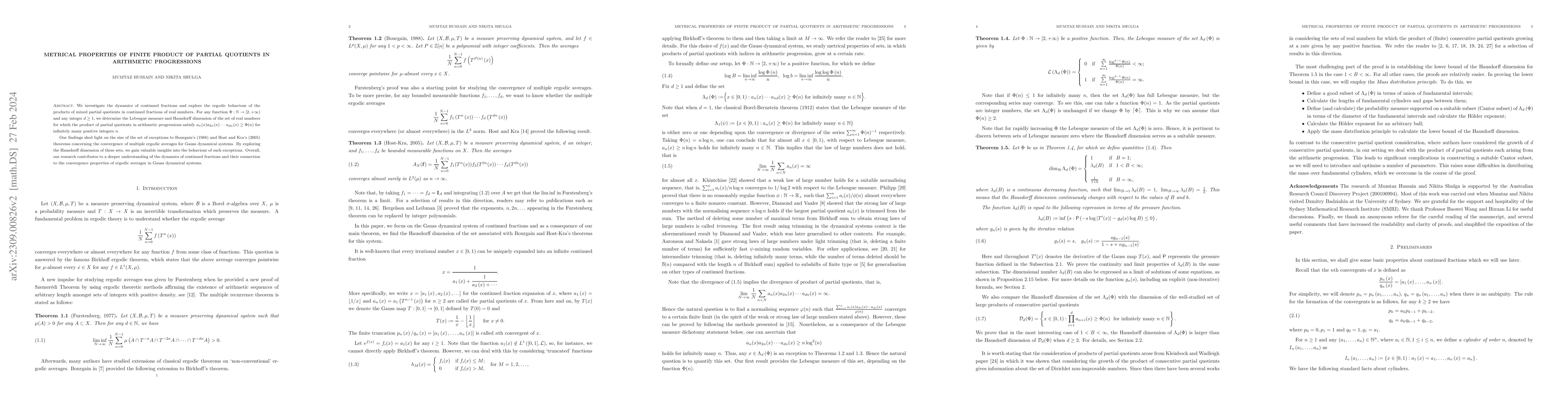 Thumbnail for Metrical properties of finite product of partial quotients in arithmetic
  progressions