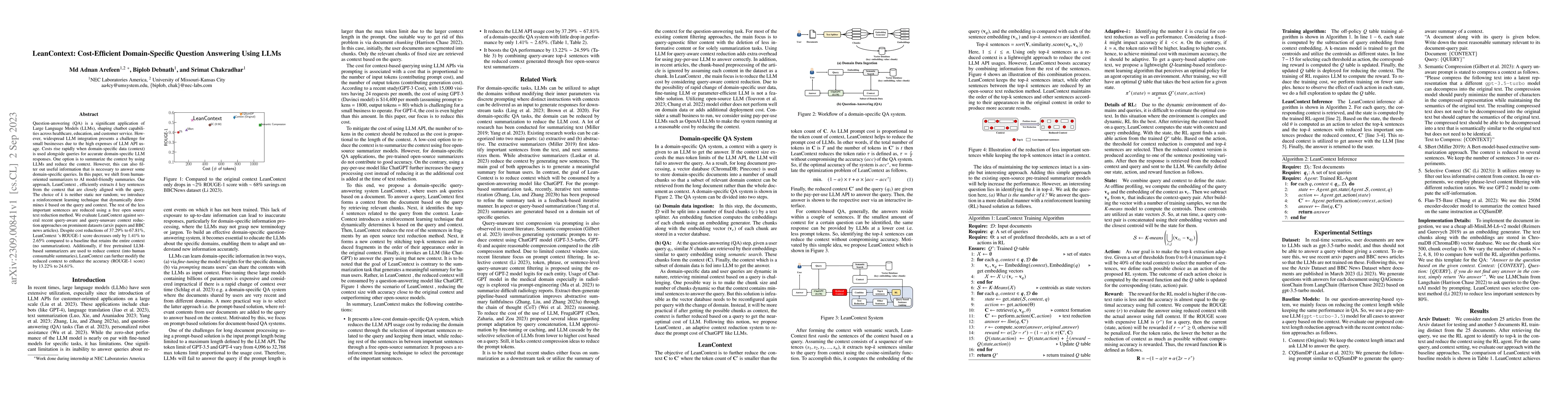 Thumbnail for LeanContext: Cost-Efficient Domain-Specific Question Answering Using
  LLMs