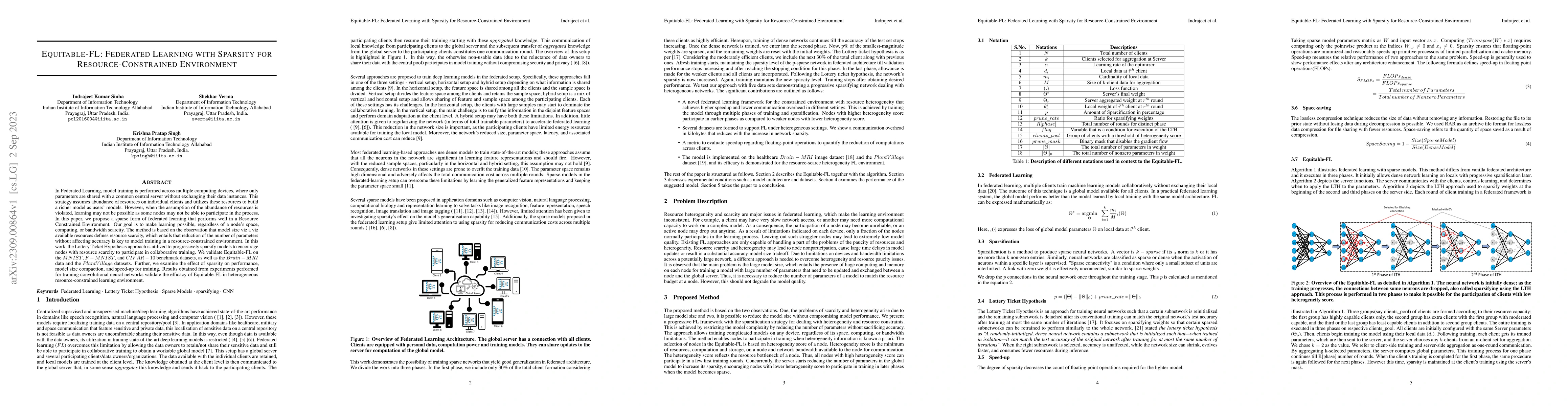 Thumbnail for Equitable-FL: Federated Learning with Sparsity for Resource-Constrained
  Environment