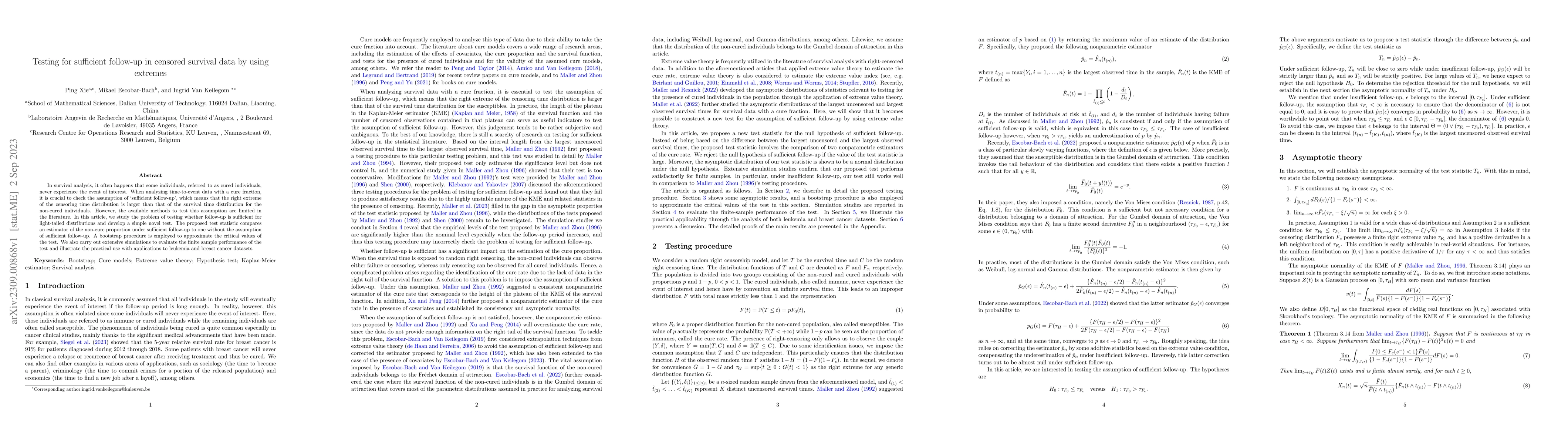 Thumbnail for Testing for sufficient follow-up in censored survival data by using
  extremes