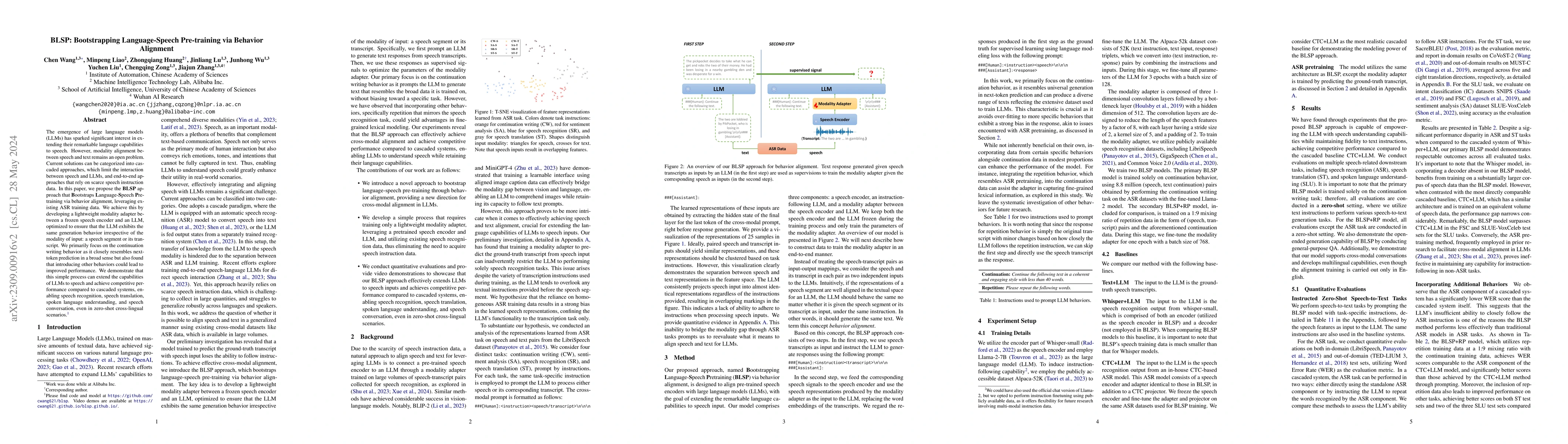 Thumbnail for BLSP: Bootstrapping Language-Speech Pre-training via Behavior Alignment
  of Continuation Writing