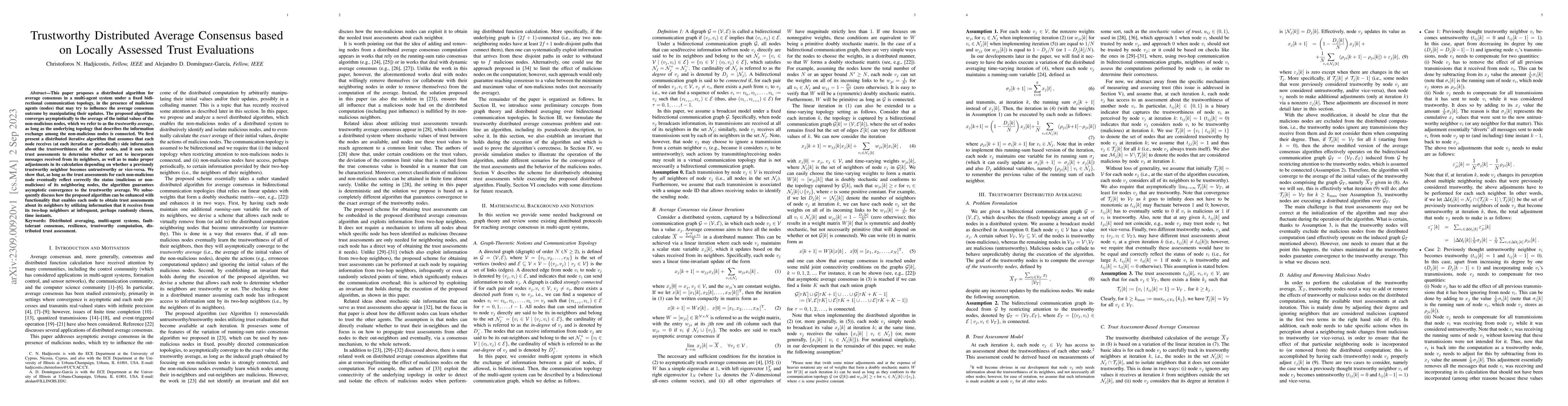 Thumbnail for Trustworthy Distributed Average Consensus based on Locally Assessed
  Trust Evaluations