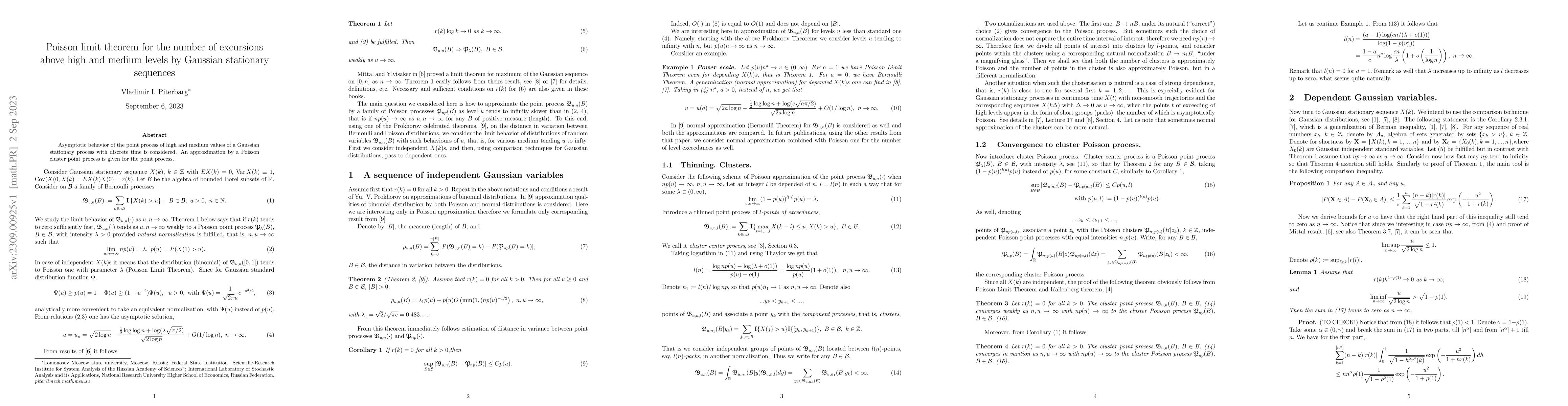 Thumbnail for Poisson limit theorem for the number of excursions above high and medium
  levels by Gaussian stationary sequences