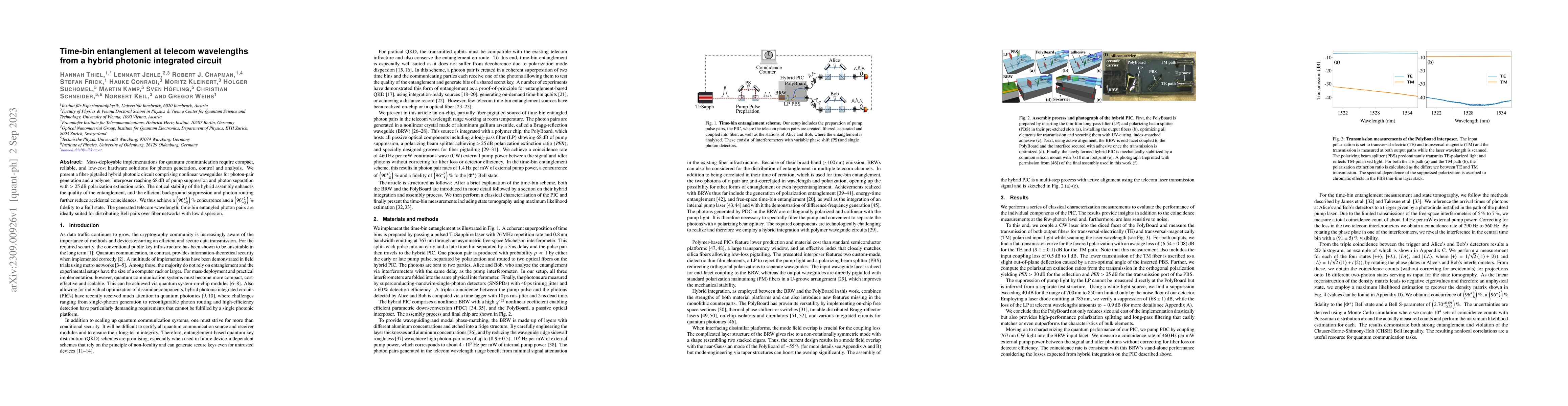 Thumbnail for Time-bin entanglement at telecom wavelengths from a hybrid photonic
  integrated circuit