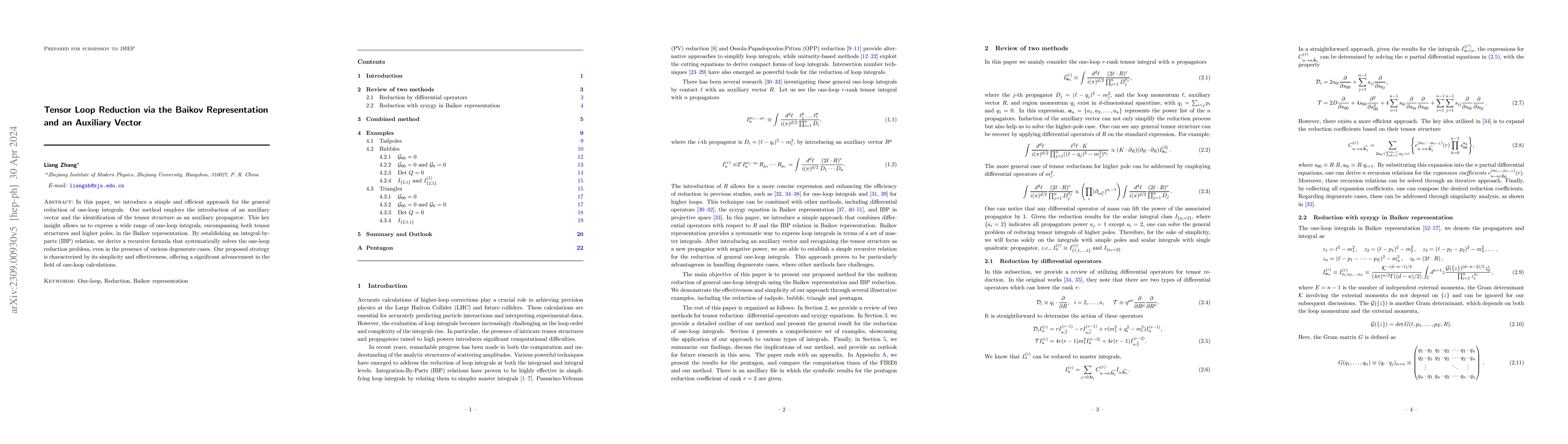 Thumbnail for Tensor Loop Reduction via the Baikov Representation and an Auxiliary
  Vector