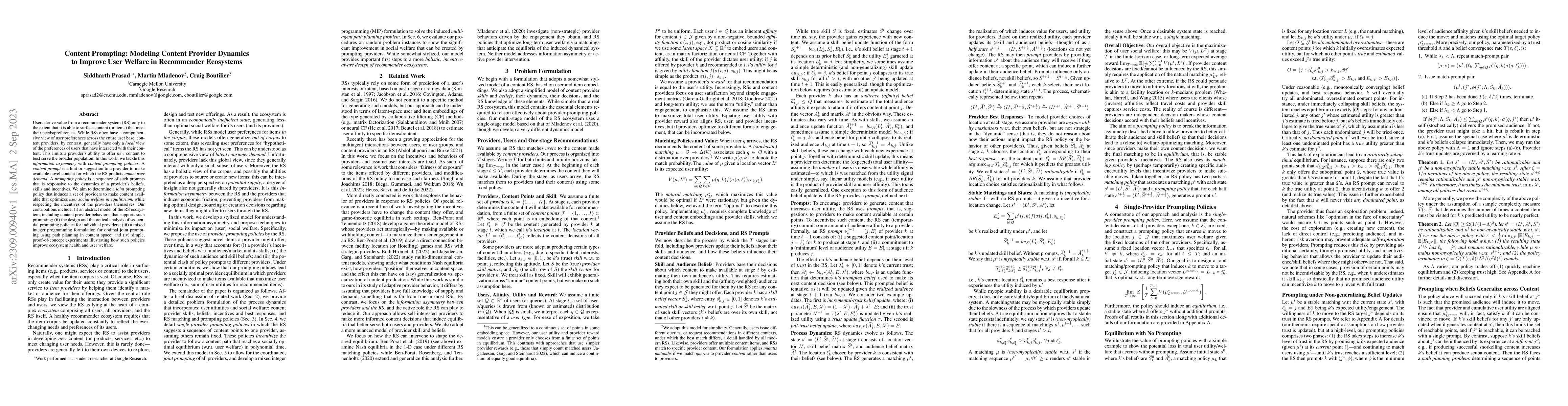 Thumbnail for Content Prompting: Modeling Content Provider Dynamics to Improve User
  Welfare in Recommender Ecosystems