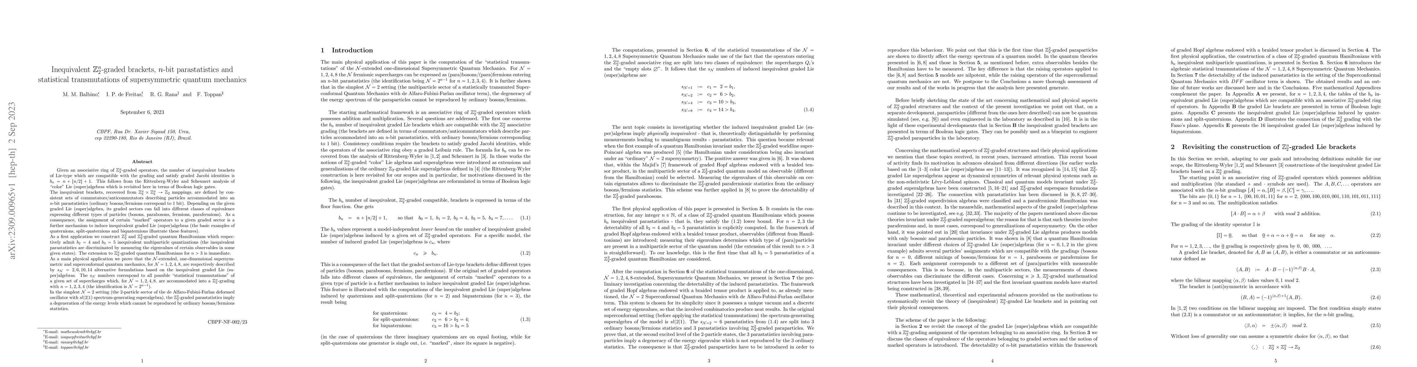 Thumbnail for Inequivalent $Z_2^n$-graded brackets, $n$-bit parastatistics and
  statistical transmutations of supersymmetric quantum mechanics