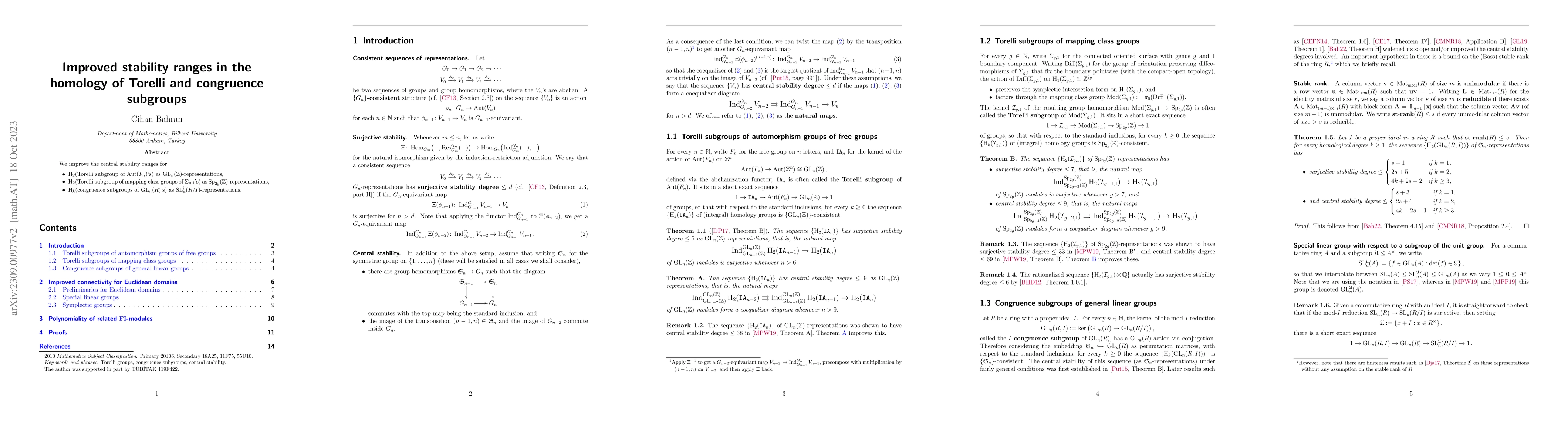 Thumbnail for Improved stability ranges in the homology of Torelli and congruence
  subgroups